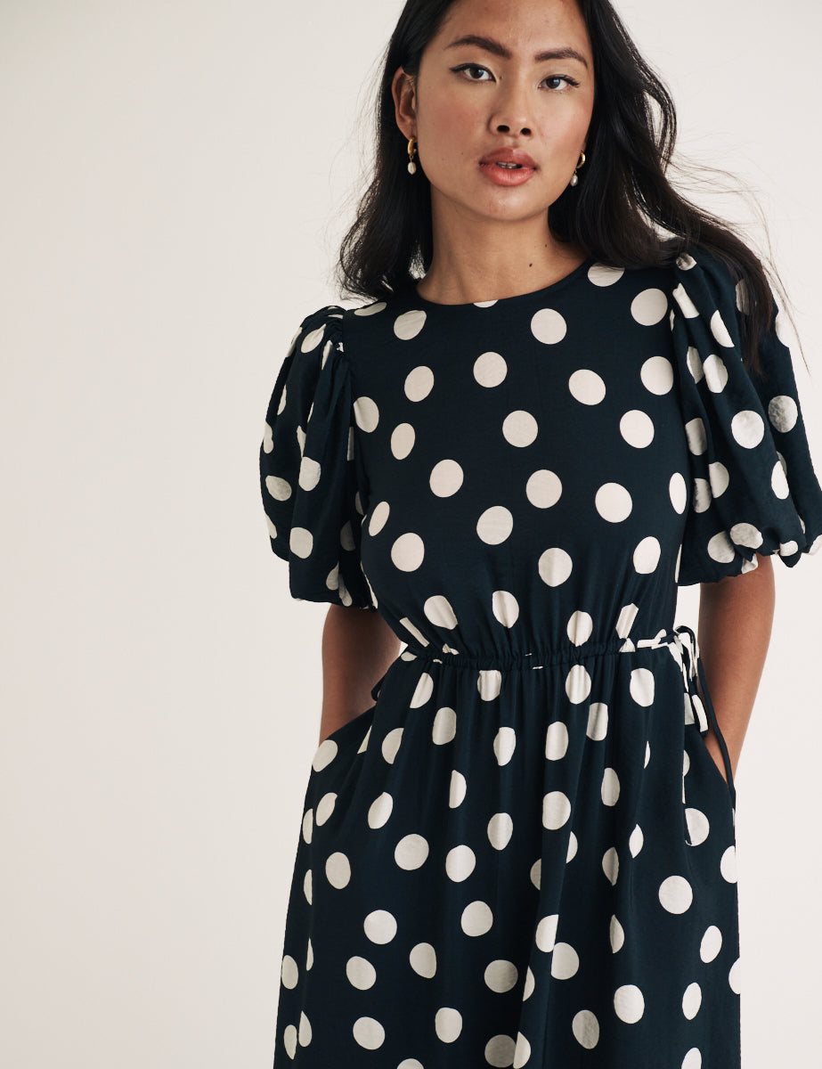 Black Polka Dot Puff Sleeve Thora Midi Dress