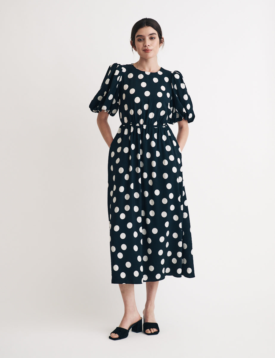 Black Polka Dot Puff Sleeve Thora Midi Dress