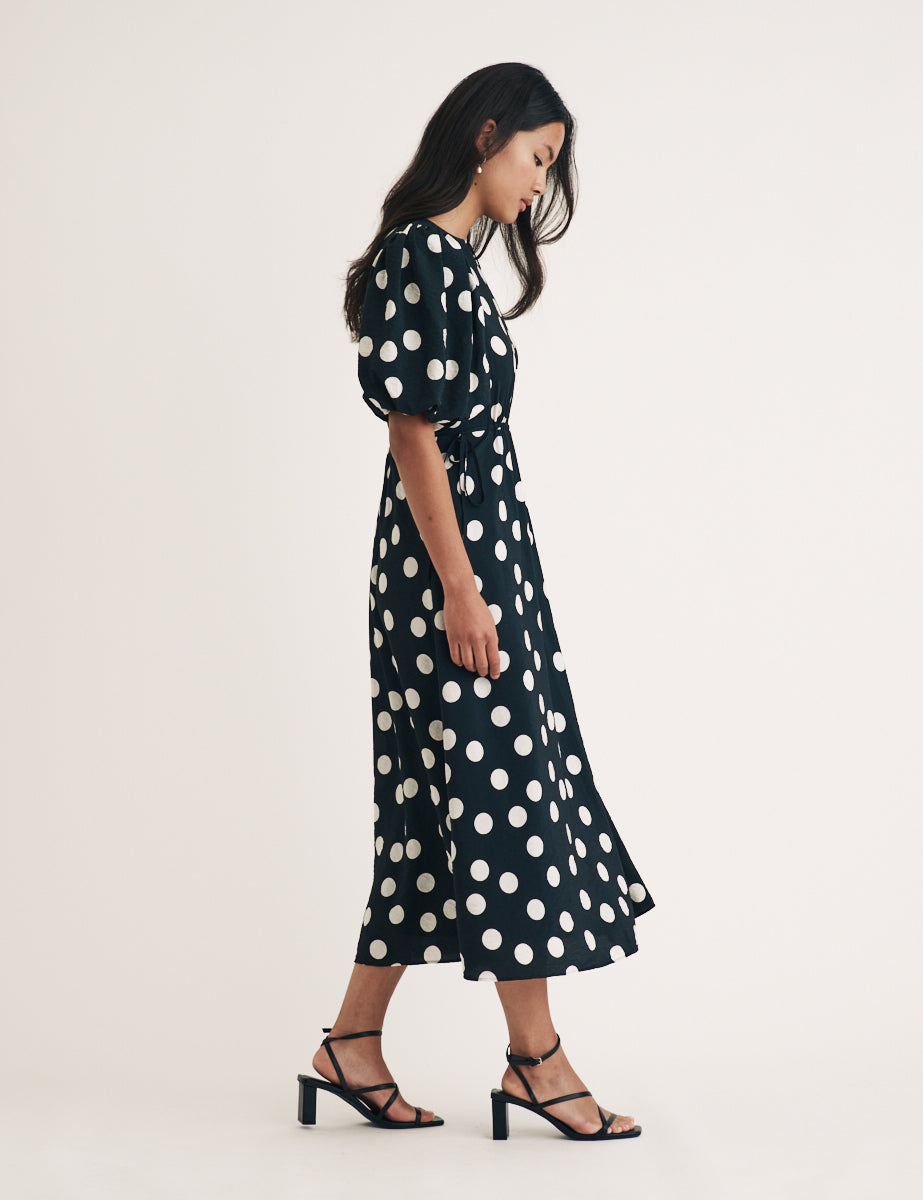 Black Polka Dot Puff Sleeve Thora Midi Dress