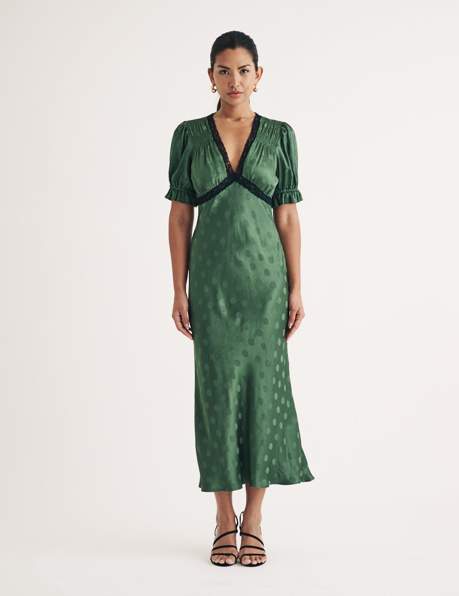 Green jacquard Polka Dot Angela Midi Dress