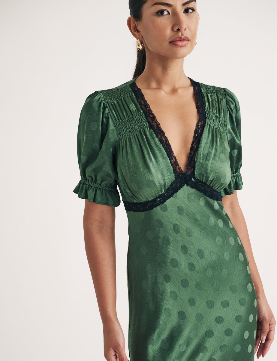 Green jacquard Polka Dot Angela Midi Dress