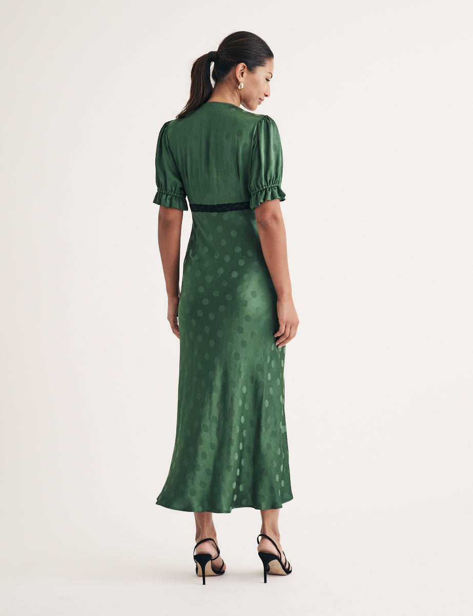 Green jacquard Polka Dot Angela Midi Dress