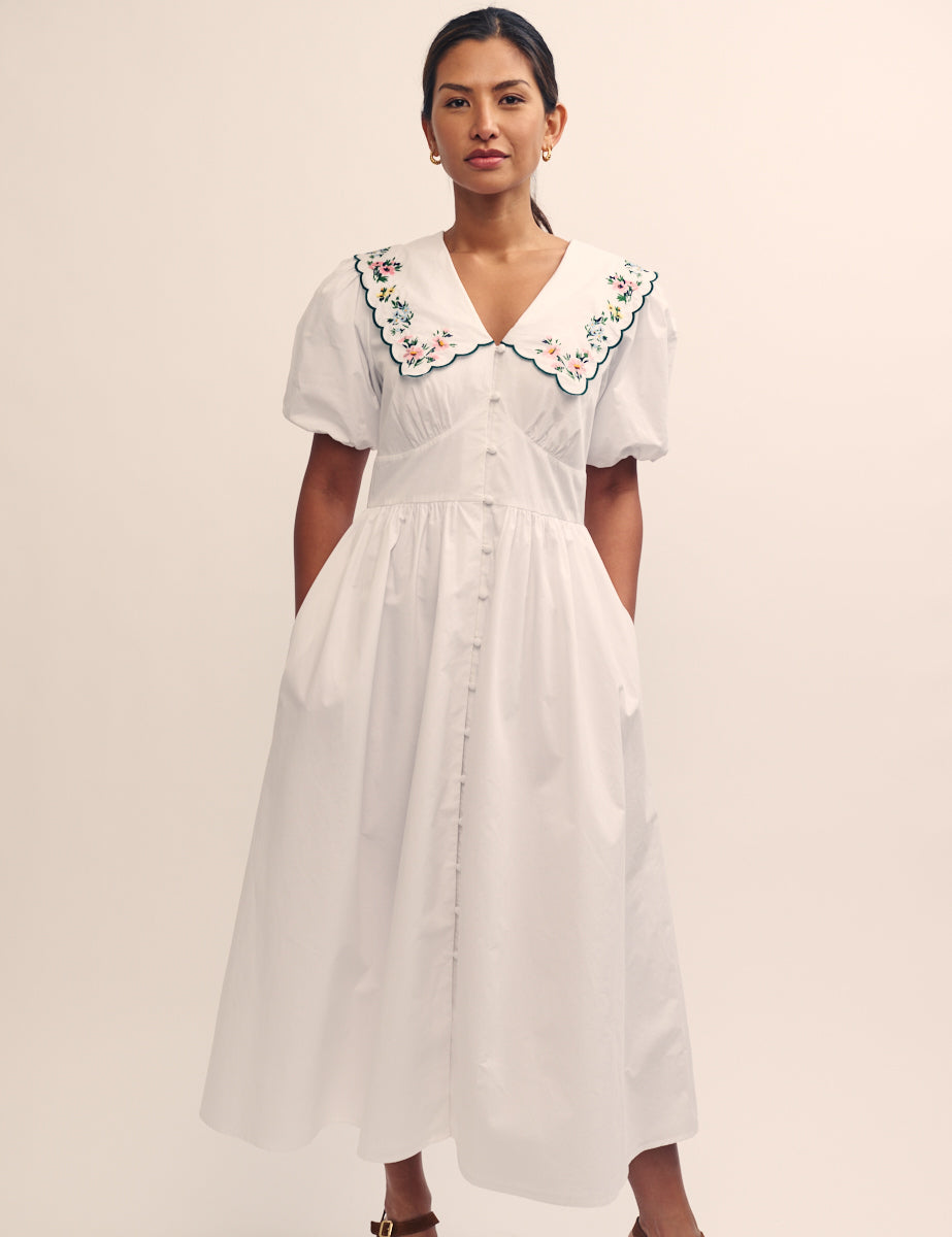 White Floral Embroidered Peter Pan Collar Birdie Midi Dress