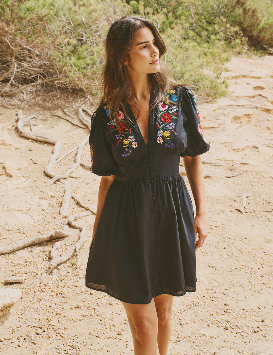 Black Floral Embroidered Starlight Mini Dress