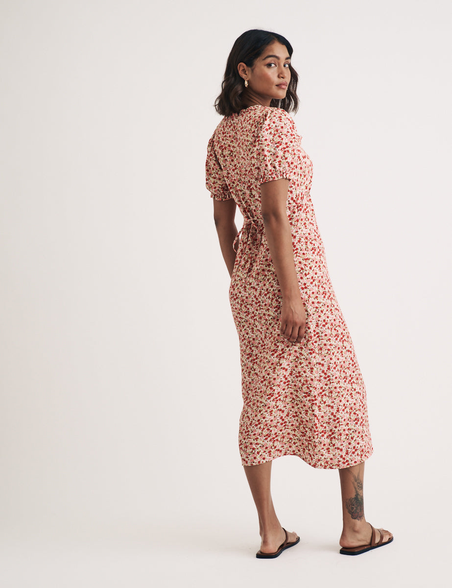 Pink Ditsy Floral Prairie Milkmaid Midi Dress