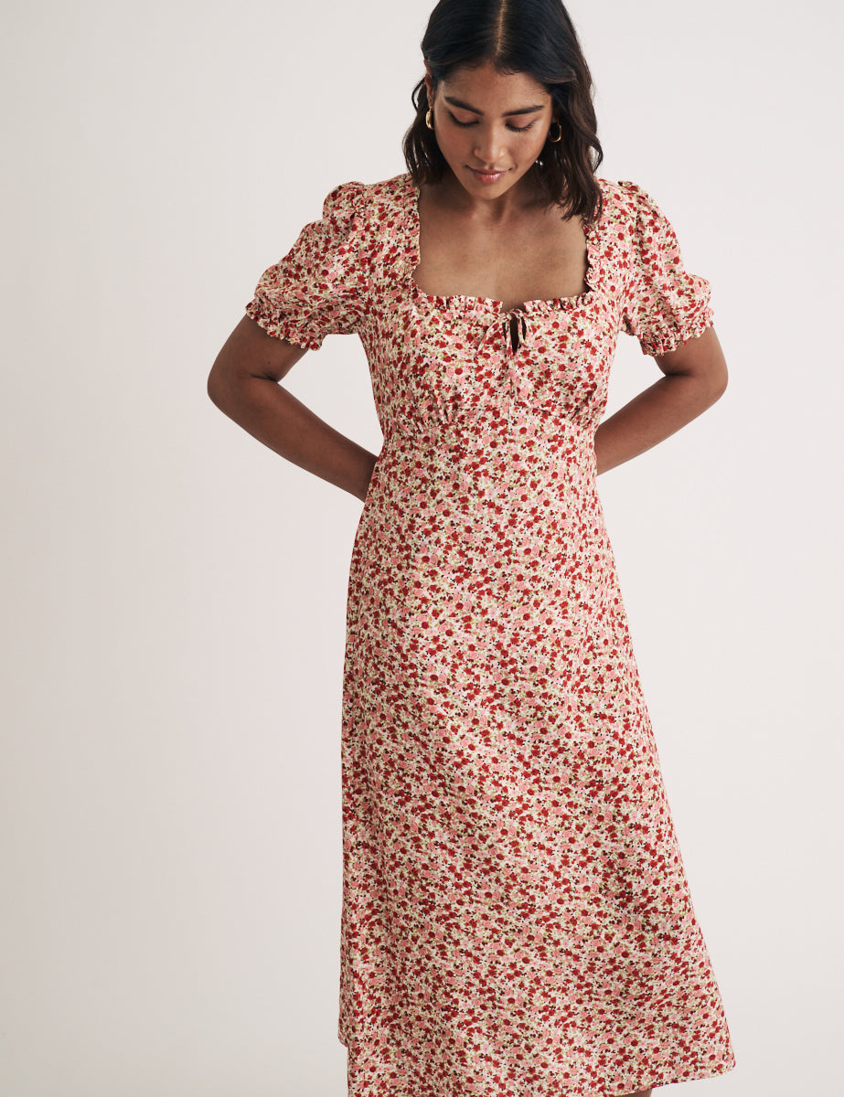 Pink Ditsy Floral Prairie Milkmaid Midi Dress