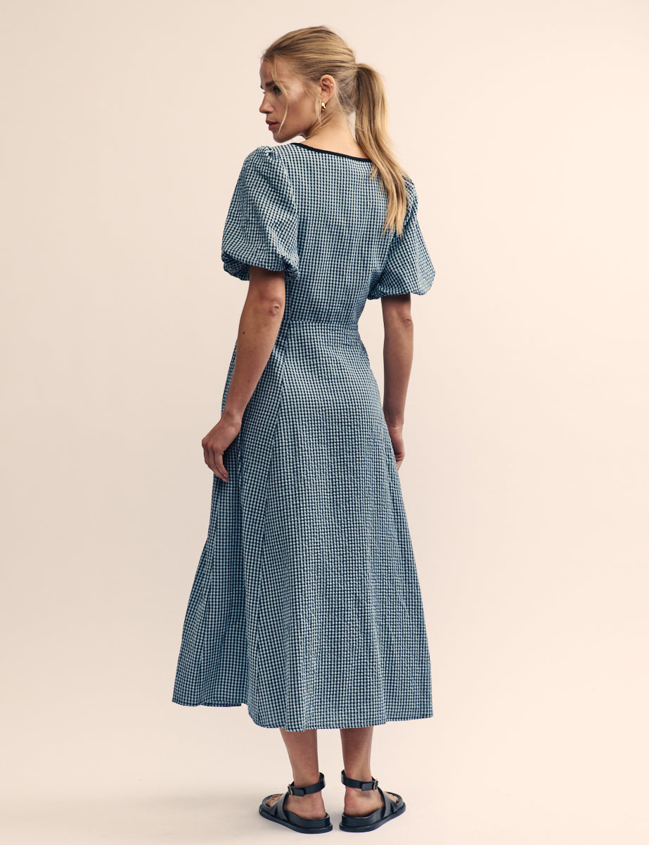 Blue Gingham Bertie Milkmaid Midi Dress