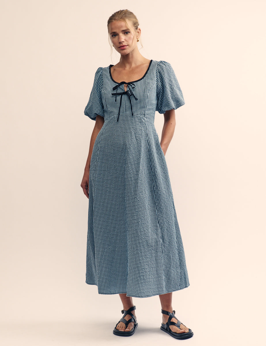 Blue Gingham Bertie Milkmaid Midi Dress