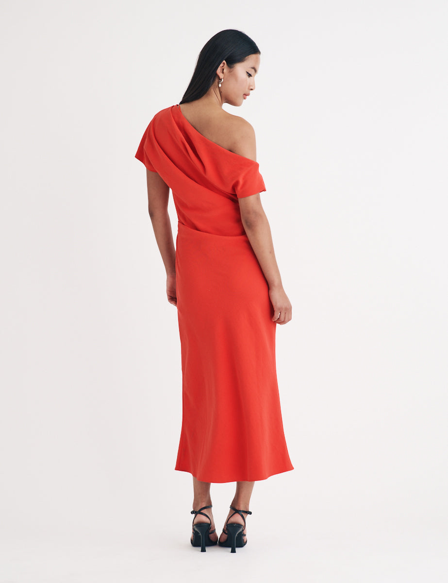 Red Draped Off Shoulder Katty Midi Dress