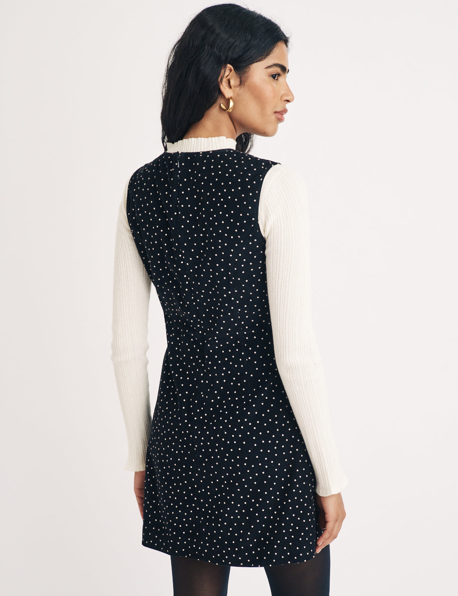 Black Cord Polka Dot Birch Mini Pinafore Dress