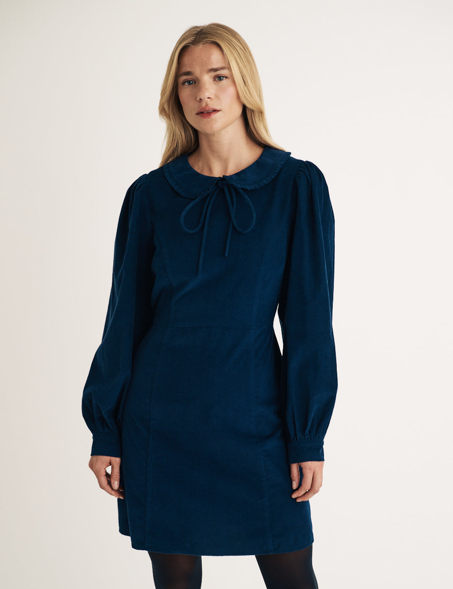 Blue Cord Tie Collar Linden Mini Dress