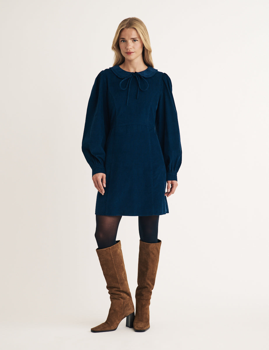 Blue Cord Tie Collar Linden Mini Dress