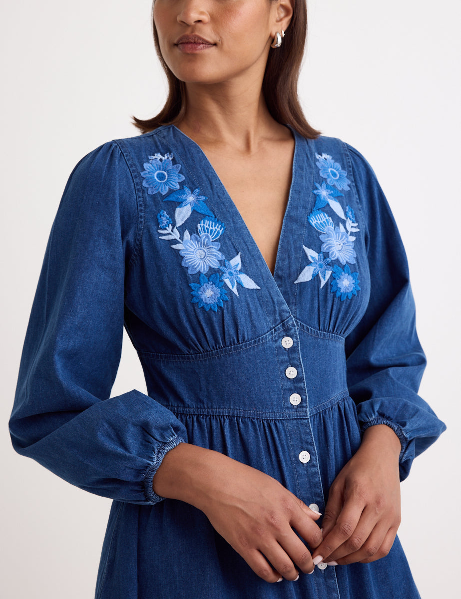 Denim Embroidered Long Sleeve Starlight Mini Dress