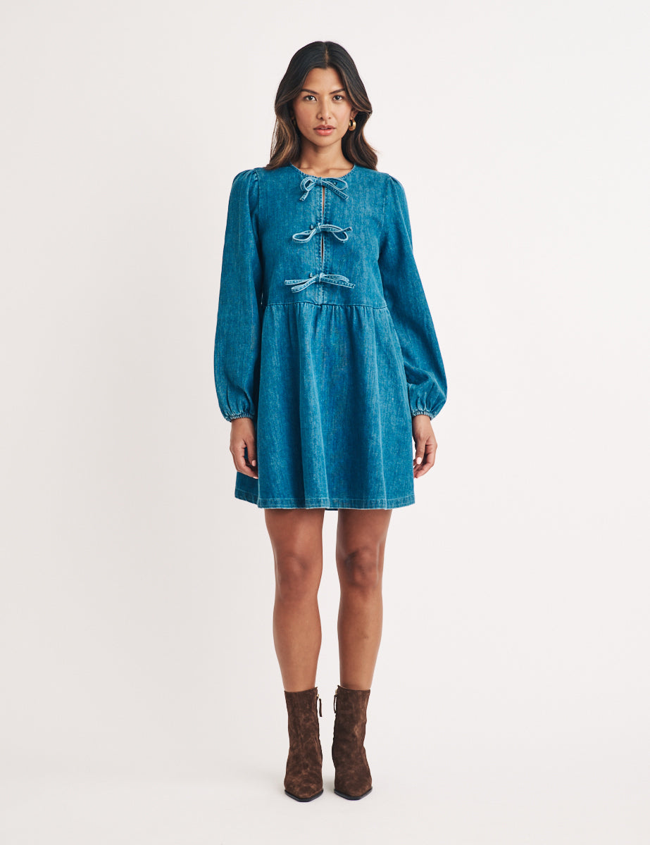 Denim Tie Front Eden Mini Dress