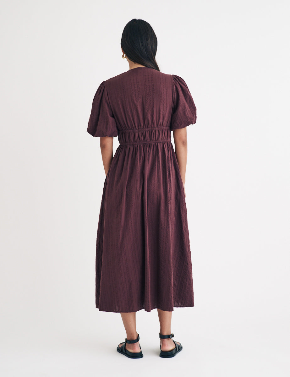 Brown Puff Sleeve Scottie Midi Dress