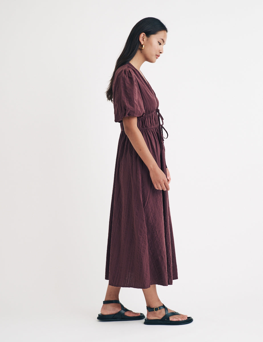 Brown Puff Sleeve Scottie Midi Dress