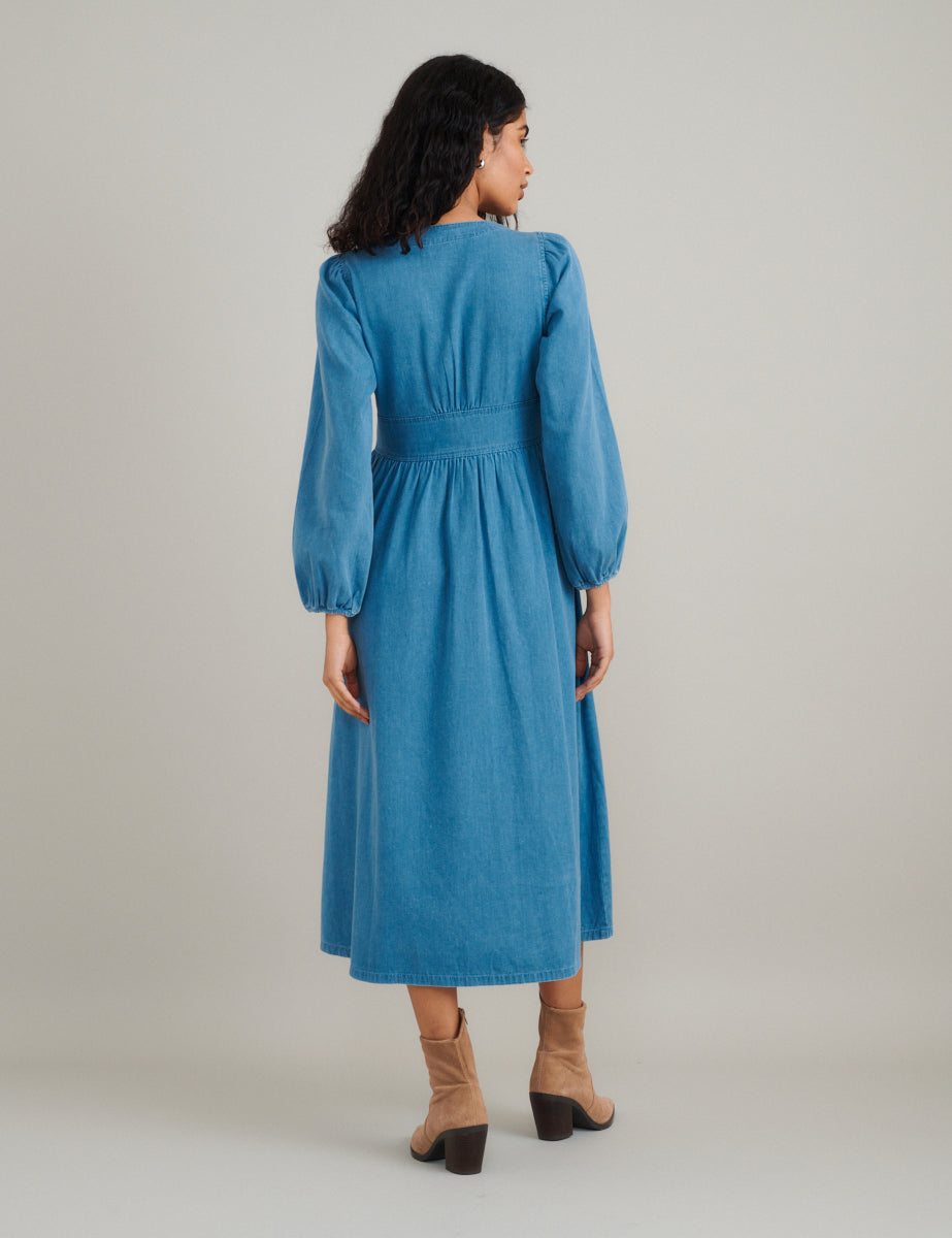 Light Blue Denim Embroidered Starlight Midi Dress