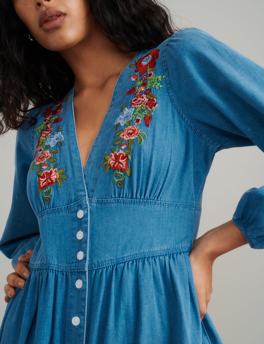 Light Blue Denim Embroidered Starlight Midi Dress