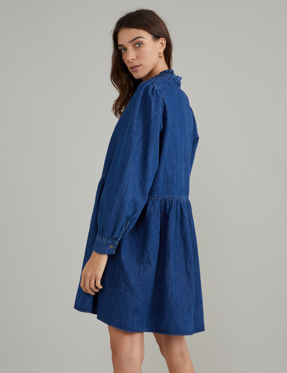 Blue Denim Long Sleeve Mini Shirt Dress