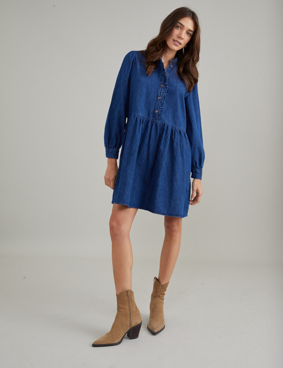 Blue Denim Long Sleeve Mini Shirt Dress