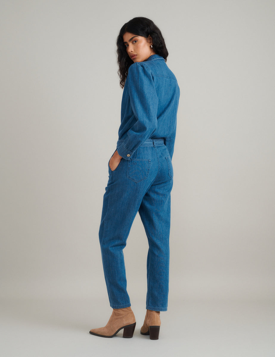 Mid Wash Denim Relaxed Jumpsuit