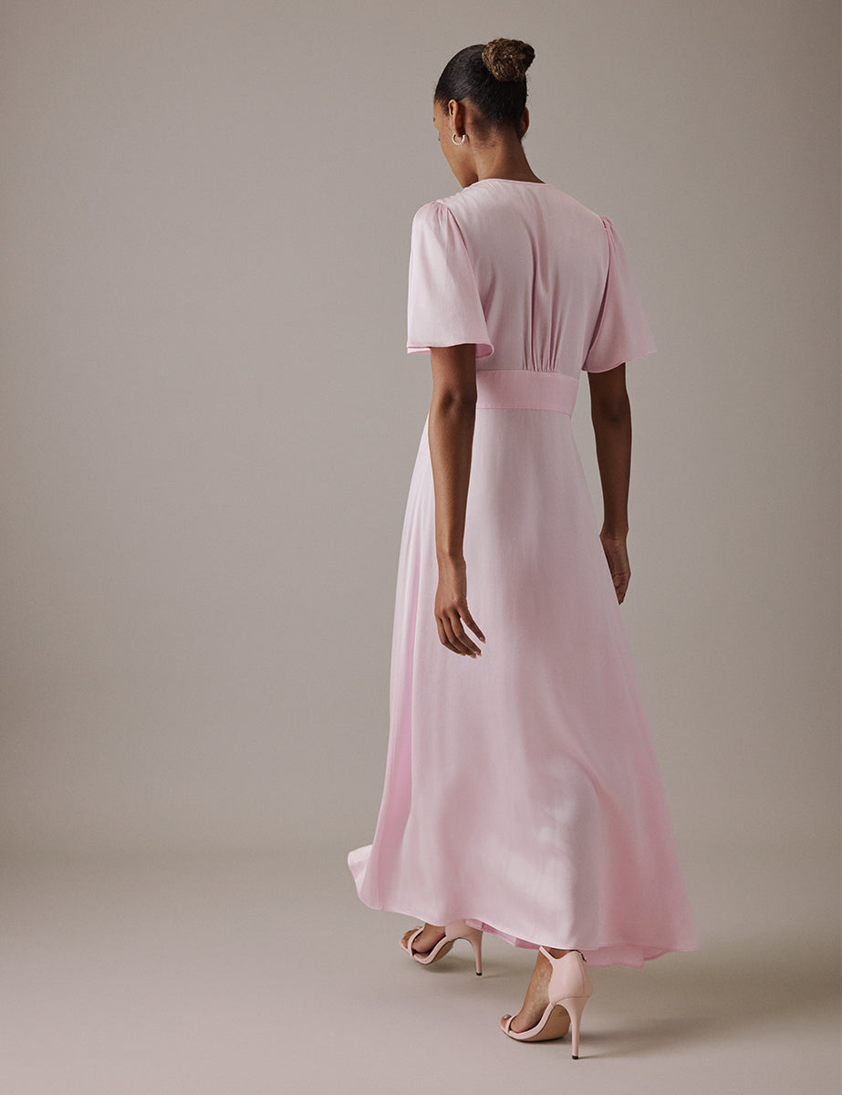 Soft Pink V Neck Midi Erin Bridesmaids Dress