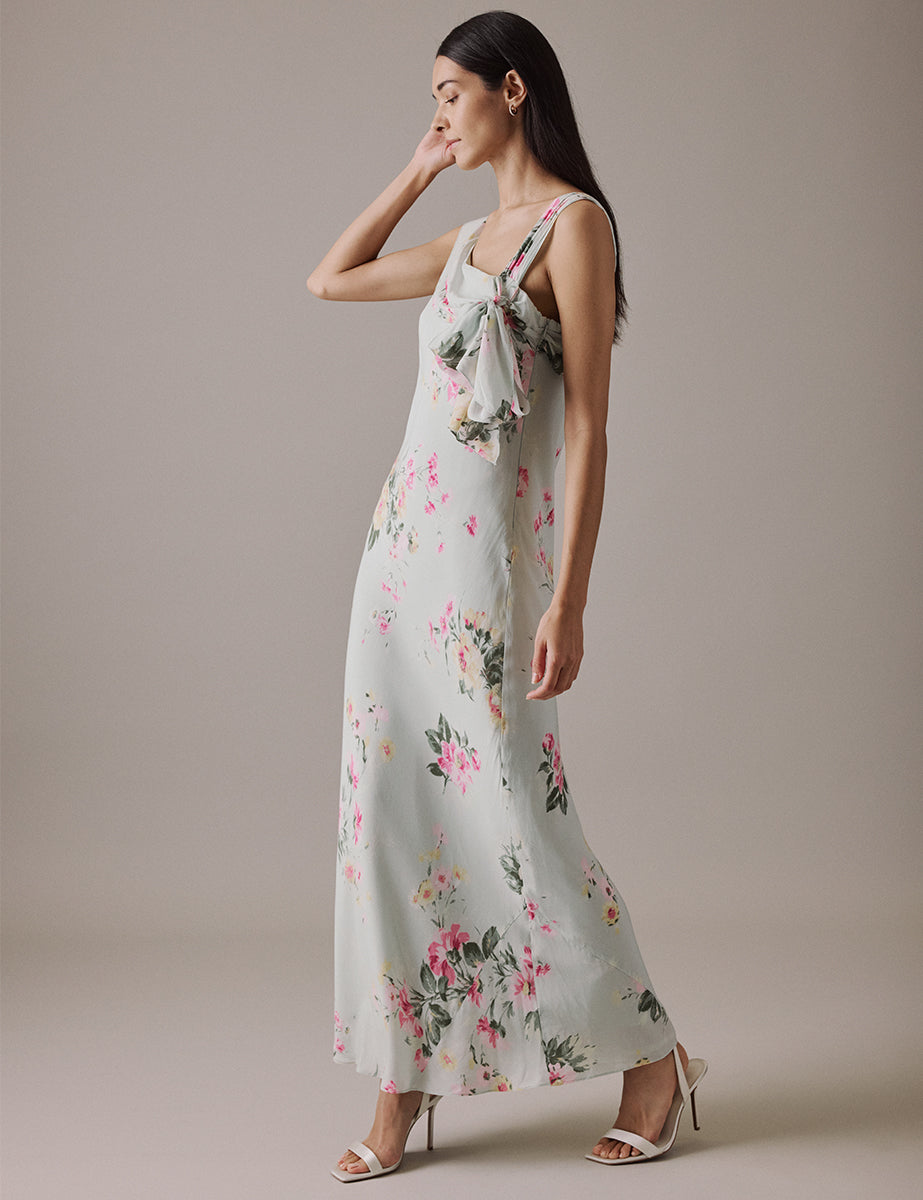 Floral Green Asymmetric Neckline Midi Gardenia Dress