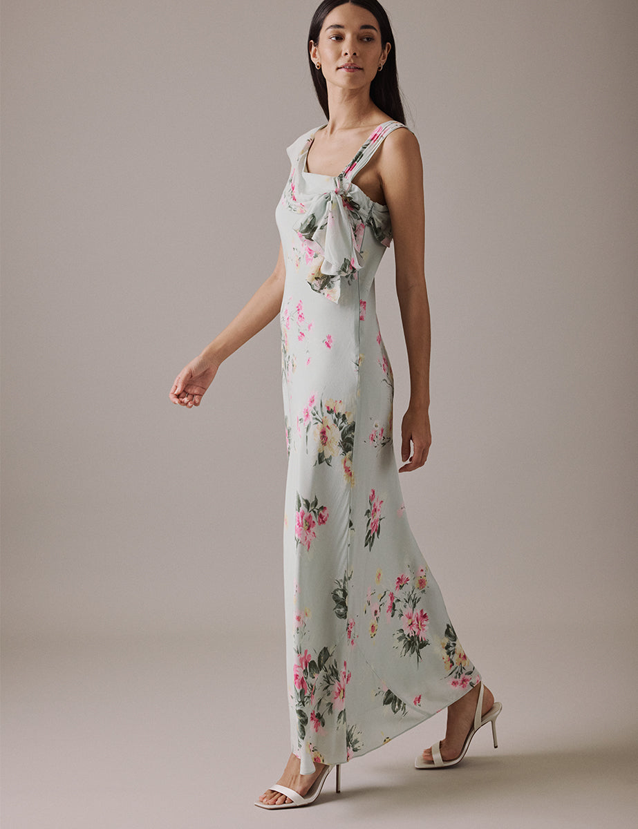 Floral Green Asymmetric Neckline Midi Gardenia Dress