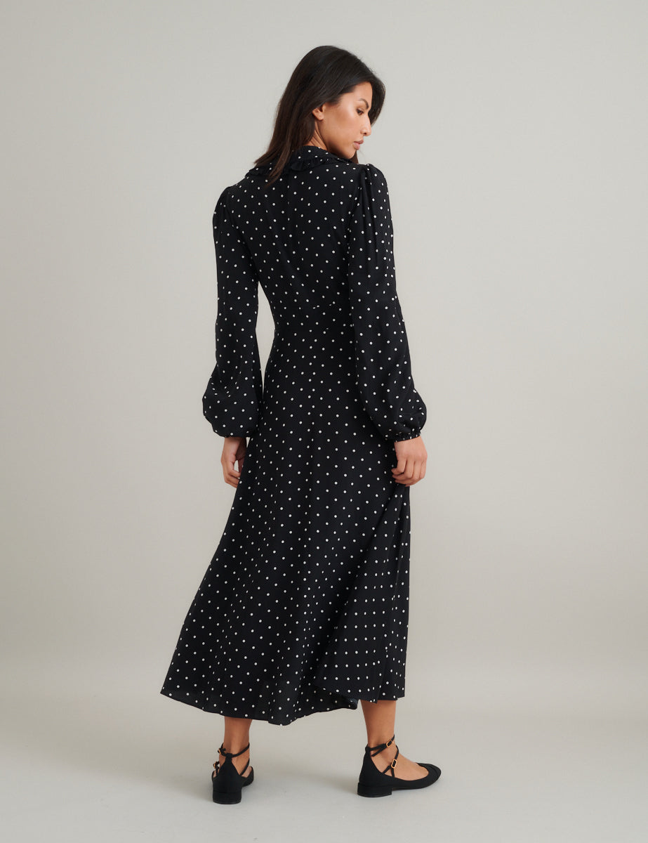 Black Polka Dot Ottillie Midi Dress