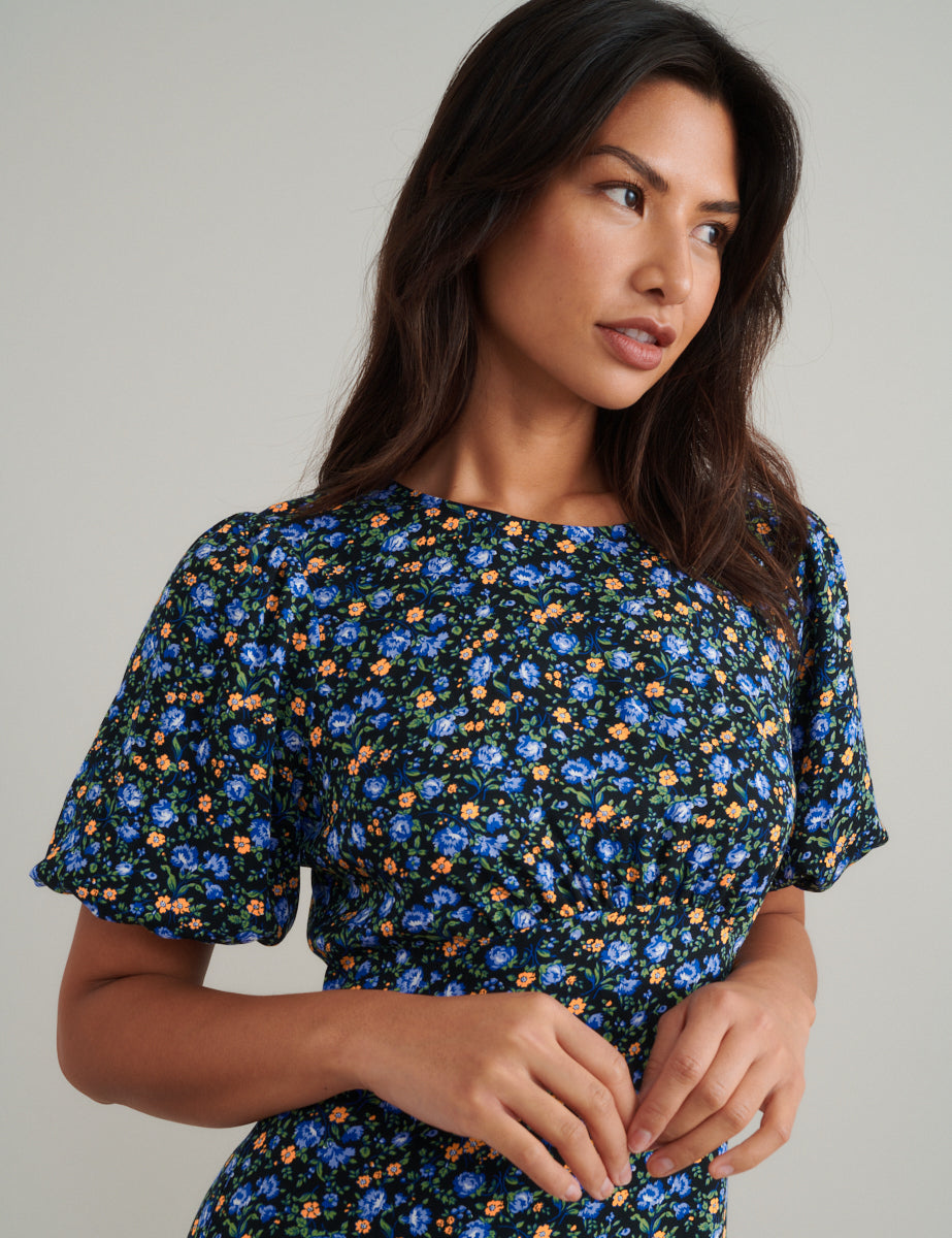 Blue and Yellow Ditsy Floral Benita Mini Dress