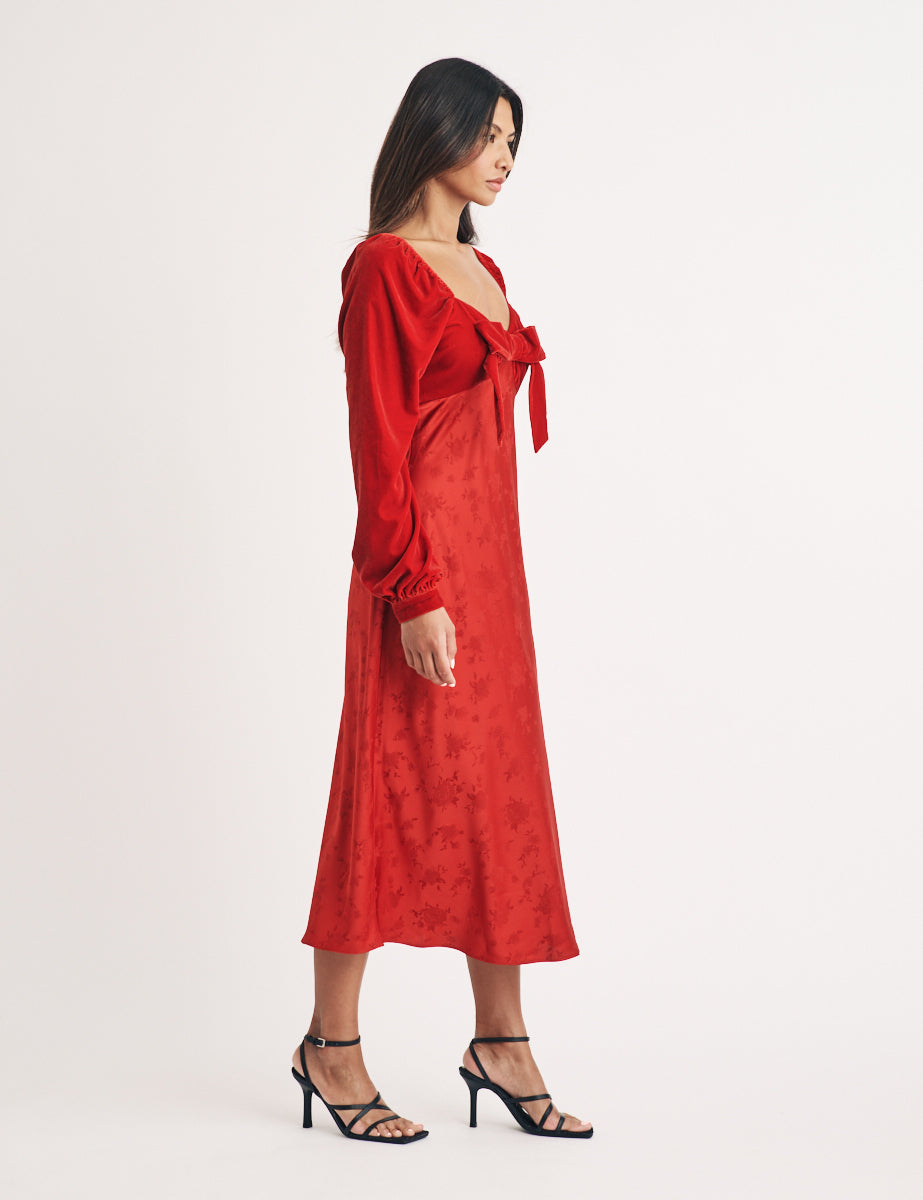 Red Satin Jacquard & Velvet Vicky Midi Dress