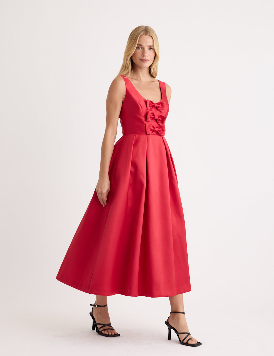 Red Satin Bow Front Milda Dress