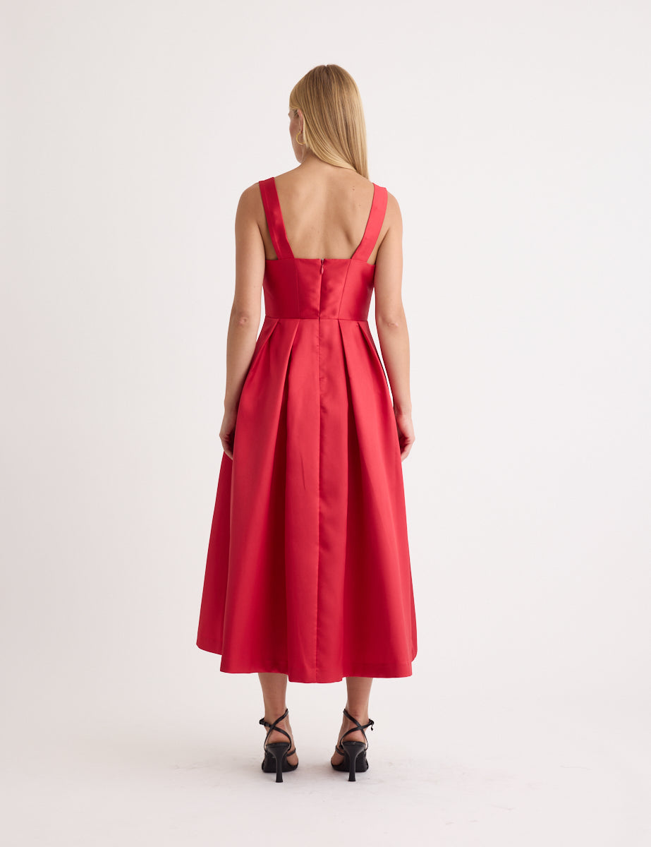 Red Satin Bow Front Milda Dress