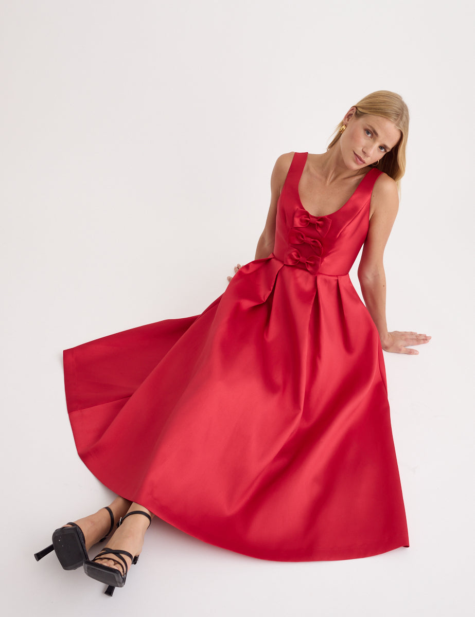 Red Satin Bow Front Milda Dress