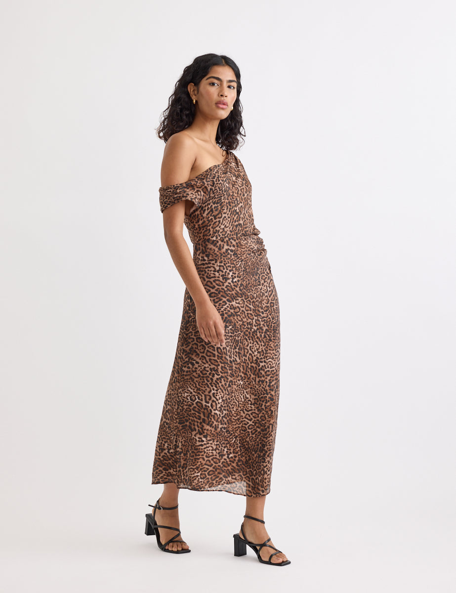 Leopard Print Off Shoulder Skylar Midi Dress