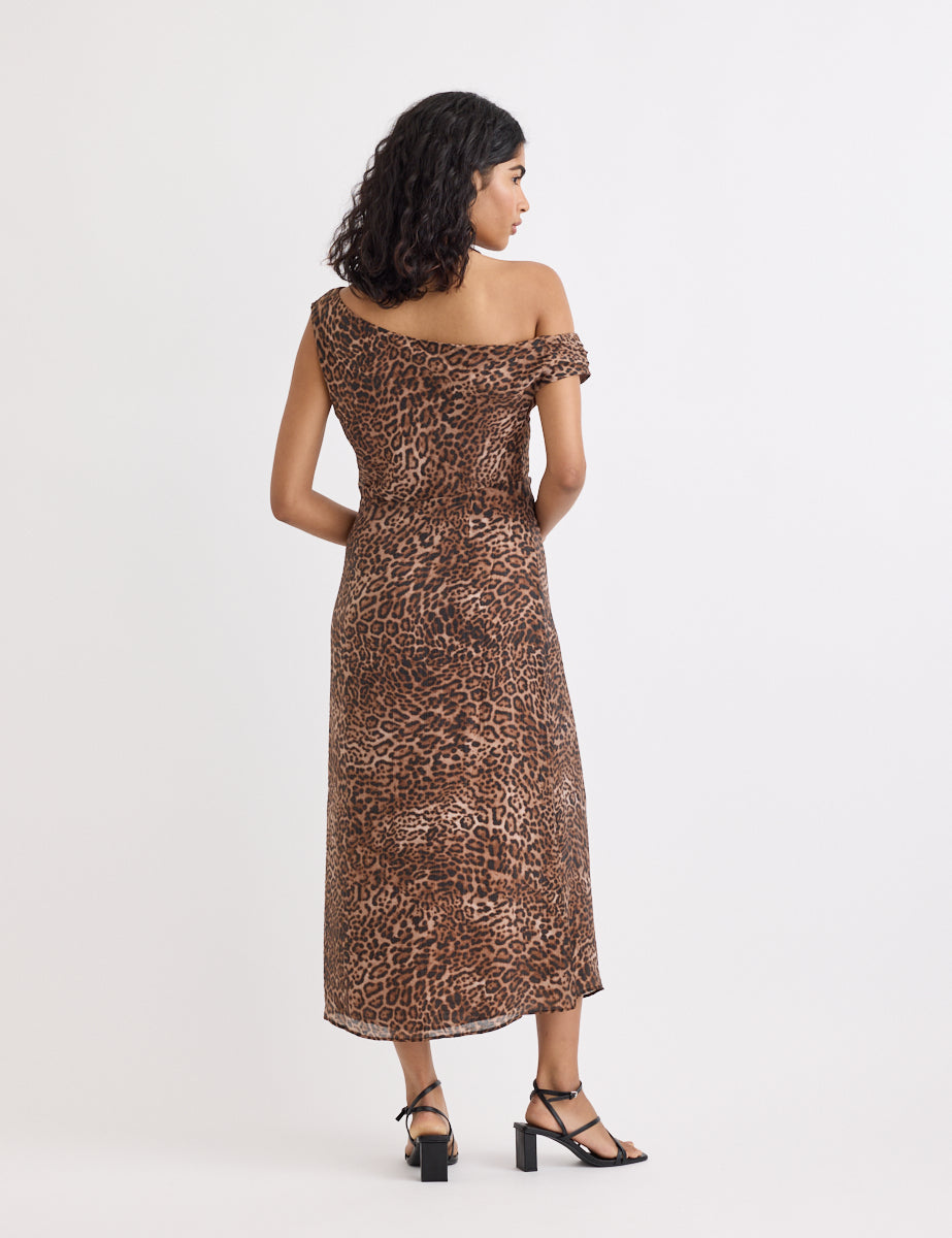 Leopard Print Off Shoulder Skylar Midi Dress