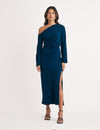 Blue Asymmetric Gathered Katty Midi Dress