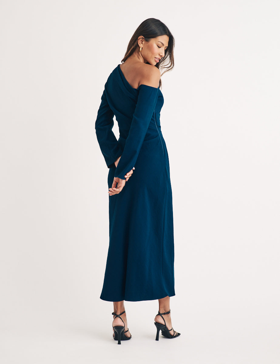 Blue Asymmetric Gathered Katty Midi Dress