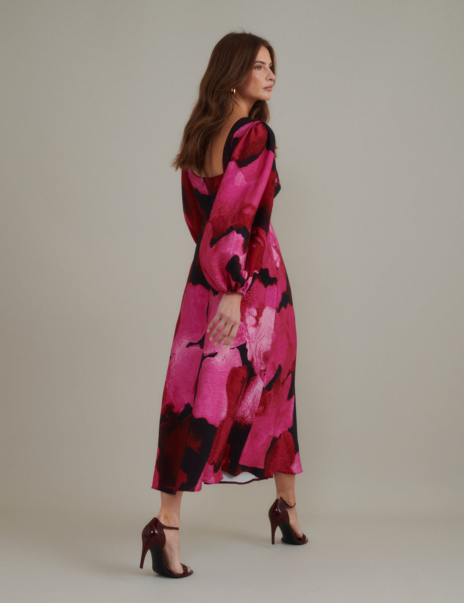 Pink Watercolour Floral Zora Midi Dress