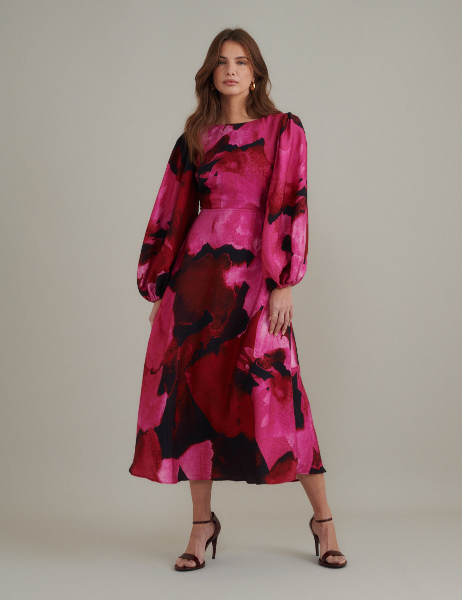 Pink Watercolour Floral Zora Midi Dress