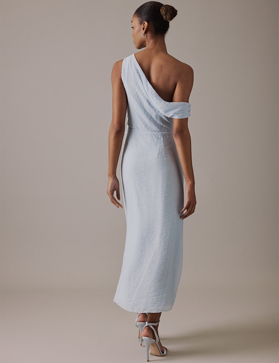 Soft Blue One Shoulder Midi Skylar Bridesmaids Dress