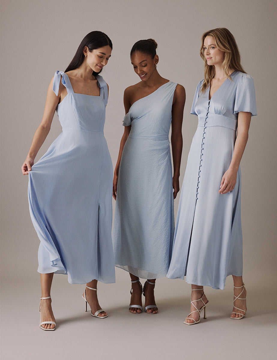 Soft Blue One Shoulder Midi Skylar Bridesmaids Dress