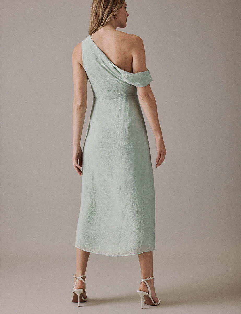 Soft Green One Shoulder Midi Skylar Bridesmaids Dress