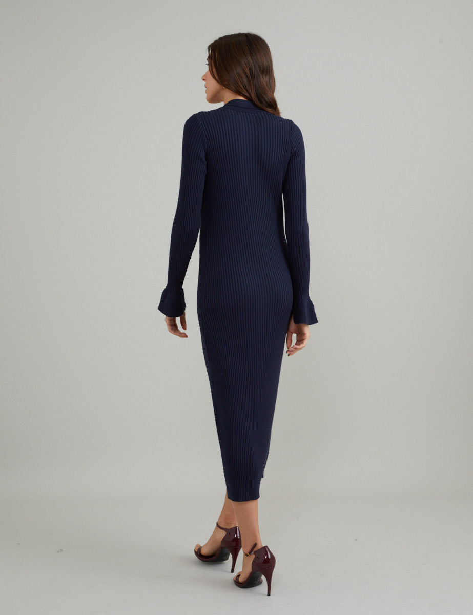 Navy Ribbed Knitted Polo Midi Dress