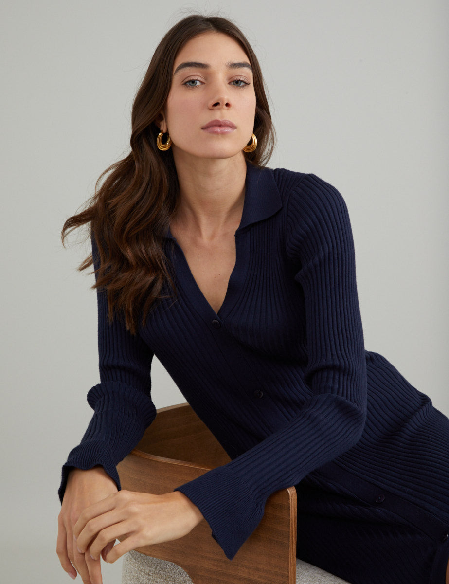 Navy Ribbed Knitted Polo Midi Dress