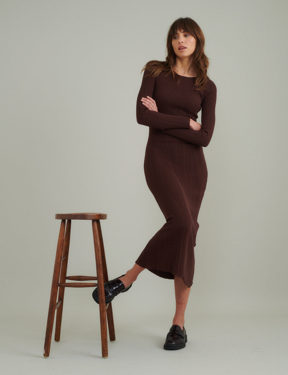 Brown Ribbed Knitted Midi Dress