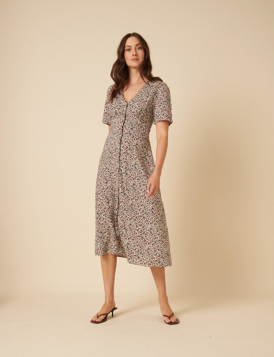 Cream Ditsy Floral Alexa Midi Dress