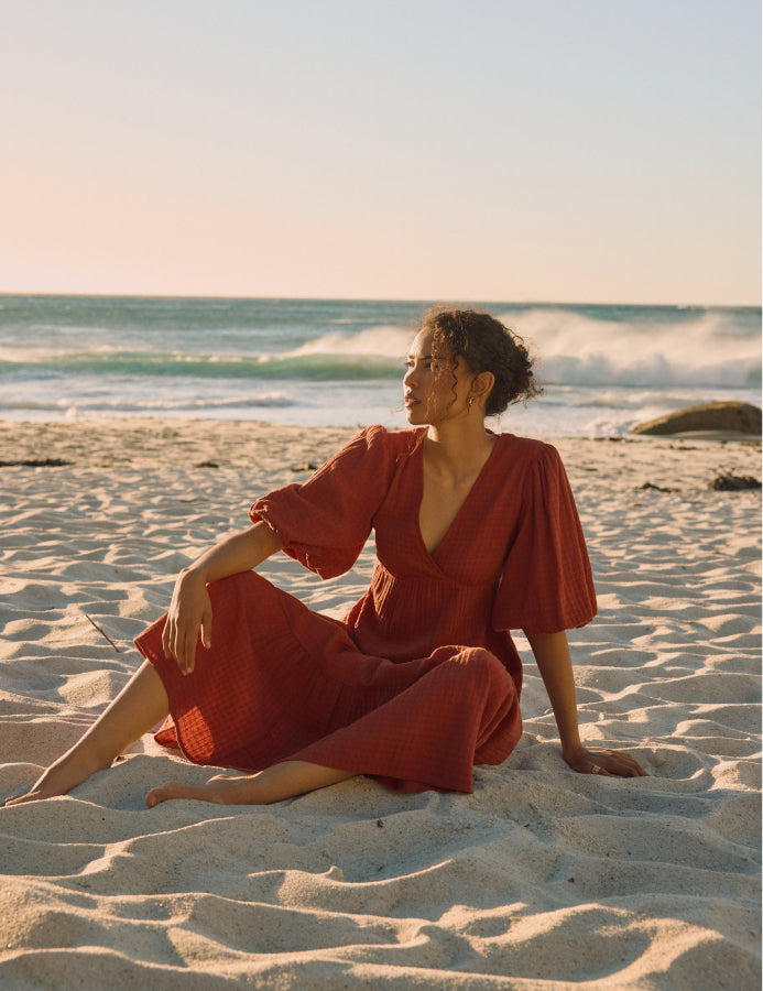 Burnt Orange Tiered Roselena Midi Dress