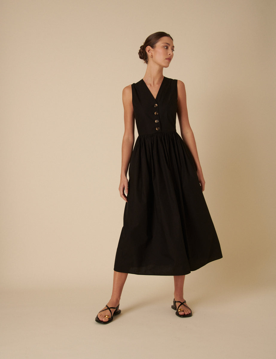 Black Button Down A-line Oak Midi Dress