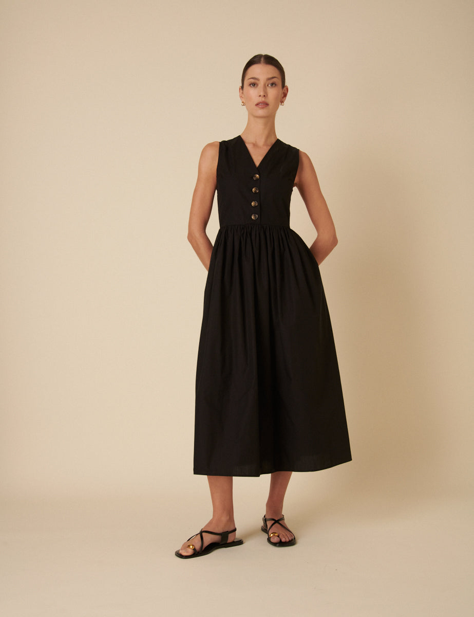 Black Button Down A-line Oak Midi Dress